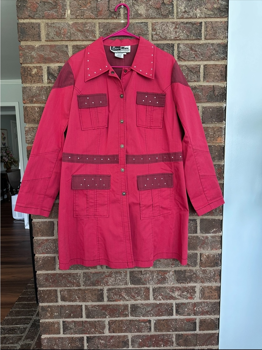 Ben Marc Pink Studded Utility Trench Coat Jacket Size 12 Y2K Western Safari